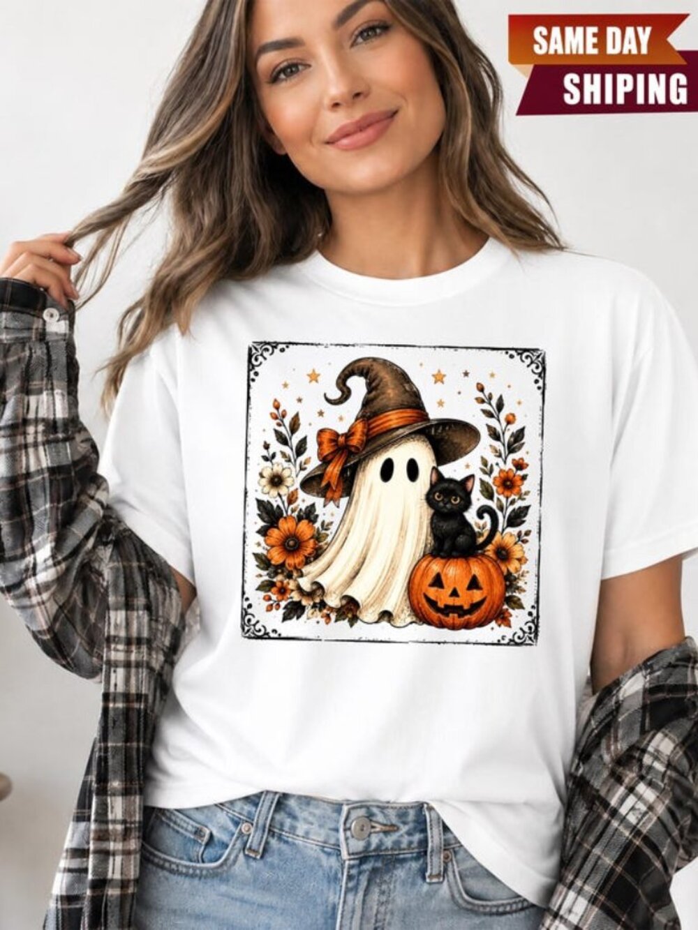 Halloween Ghost Cat Shirt, Cute Spooky Ghost Pumpkin Shirt